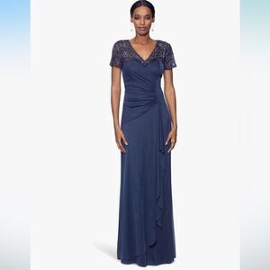 NWT XSCAPE 5497XP "CARMEN" LONG SHEER MATTE JERSEY BEADED SHORT SLEEVE DRESS 12P